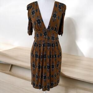 Free People Women V-Neck Short Sleeves Multi Brown Mini Dress Size XS